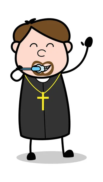 Tooth Brushing - Cartoon Priest Monk Vector Illustration — Stock Vector