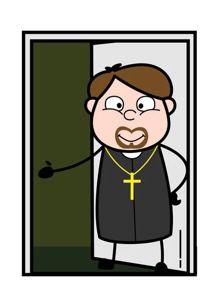 Inviting to Come Inside the House - Cartoon Priest Monk Vector I — Stock Vector