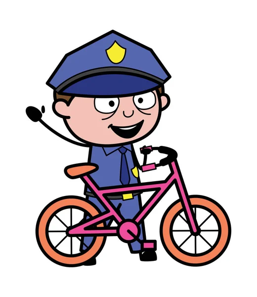 Standing with Cycle and Gesturing with Hand - Retro Cop Policema — Stock Vector