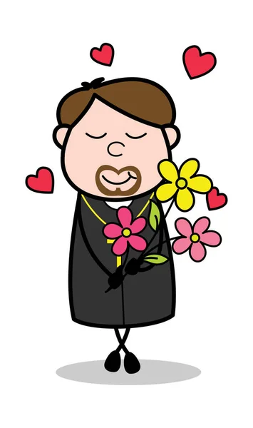 Presenteren van bloemen-cartoon priester monnik vector illustratie — Stockvector