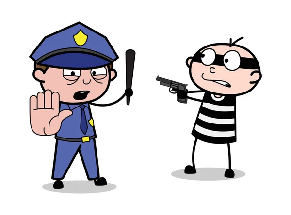 Pistolet pointeur criminel et officier montrant le signal d'arrêt à la main Ge — Image vectorielle