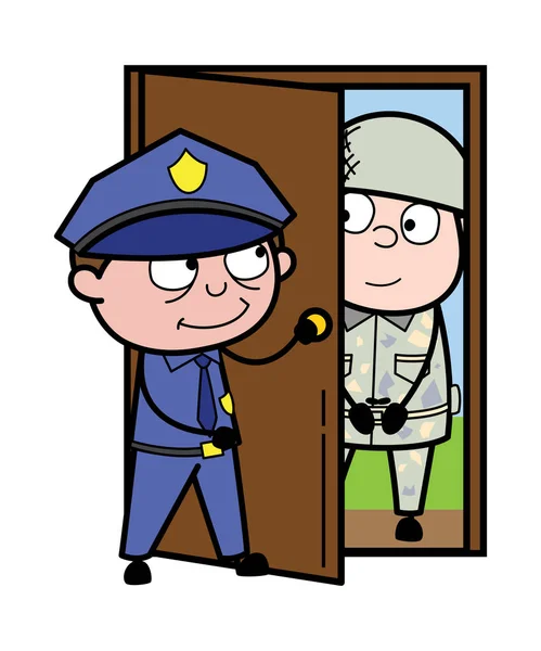 Policeman Welcoming a Soldier - Retro Cop Policeman Vector Illus — Stock Vector