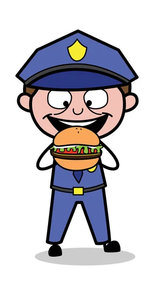 Burger essen - Retro Cop Polizist Vektor Illustration — Stockvektor