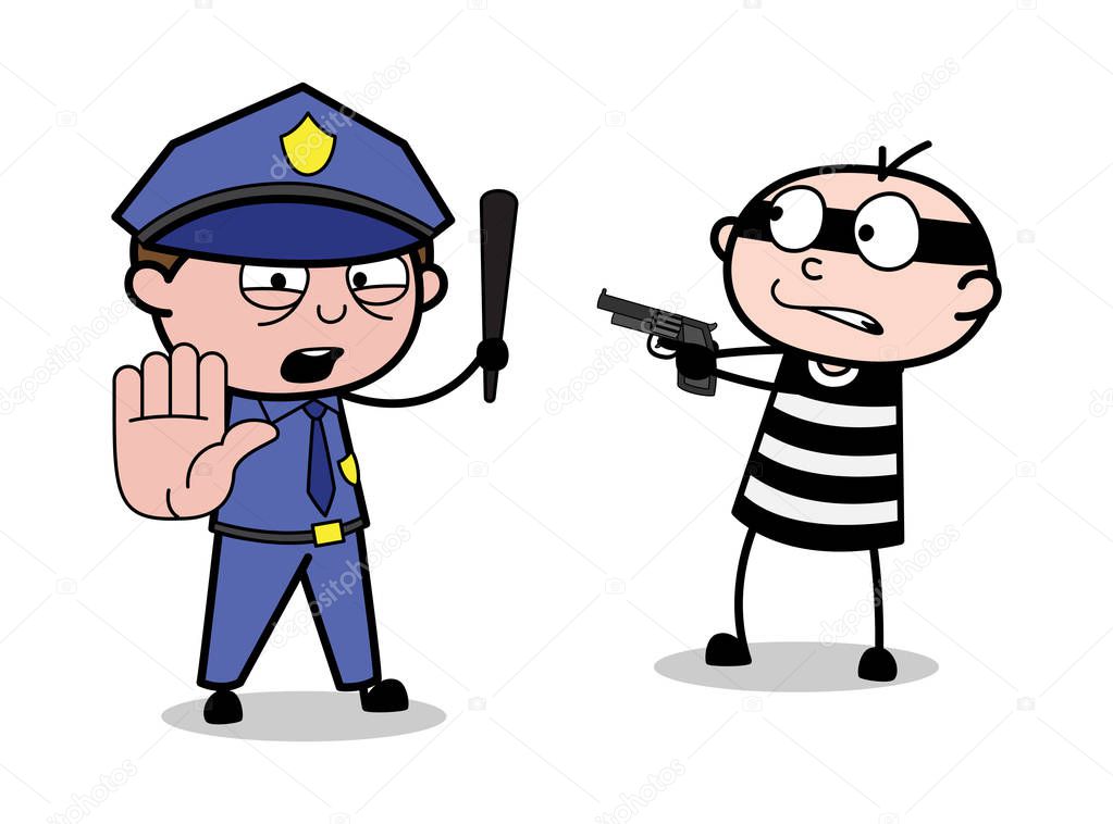 Criminal Pointing Gun and Officer Showing Stop Signal by Hand Ge