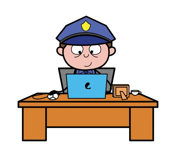 Online trabalhando no laptop - Retro policial Vector Illustrati —  Vetores de Stock