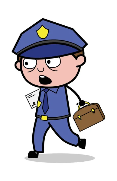 Going in hurry with File and Briefcase - Retro Cop Policeman Vec — стоковый вектор
