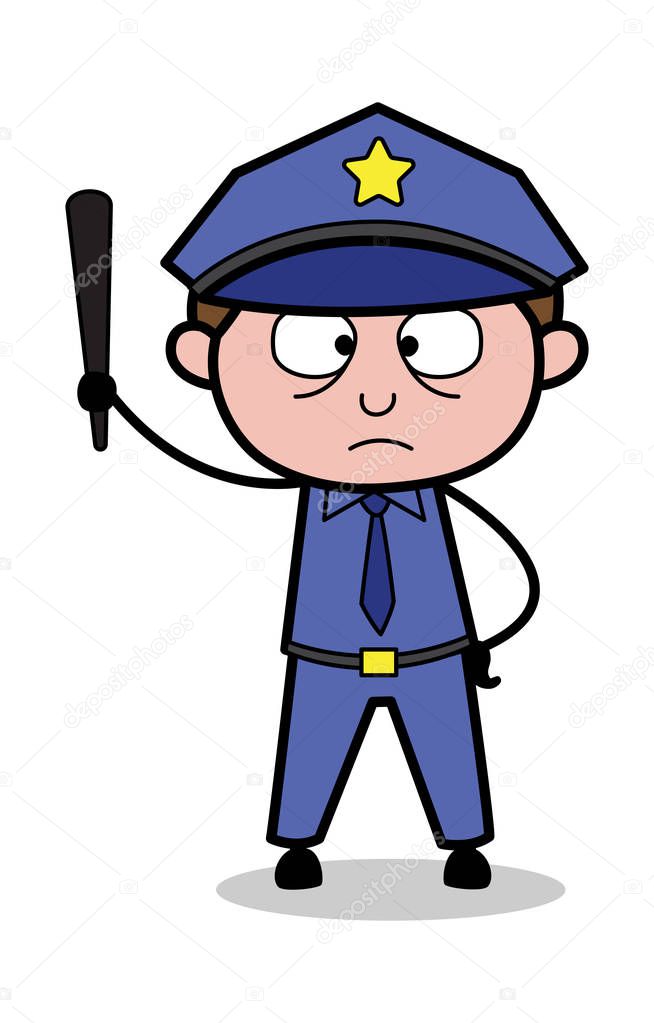 Holding a Stick and Showing - Retro Cop Policeman Vector Illustr
