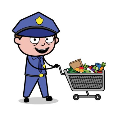 Alışveriş Bir Markette - Retro Cop Policeman Vector İllüstrasyon