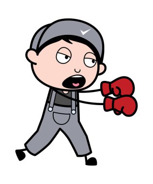 Punching Pose - Retro Tamirci Karikatür İşçi Vektör Illustrati