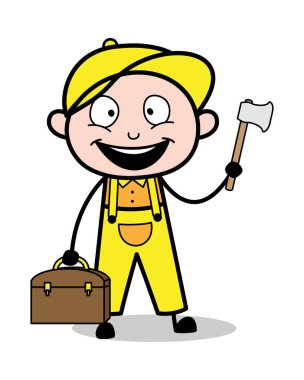 Bir Evrak Çantası ve Balta Holding - Retro Tamirci Karikatür İşçi V