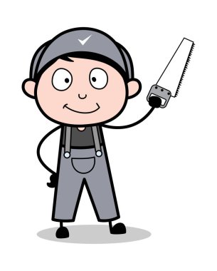 El Testeresi Gösterme - Retro Tamirci Karikatür İşçisi Vektör Illustr