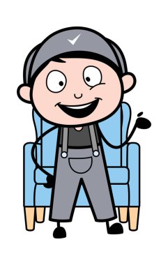 Happily Sunan - Retro Tamirci Karikatür İşçi Vektör Illus