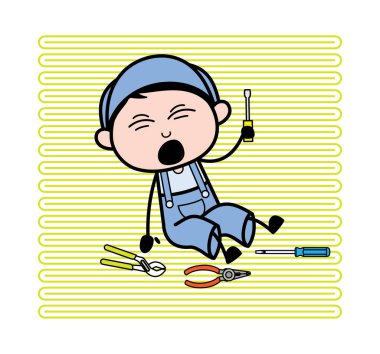 Fall Down ve Screaming - Retro Tamirci Karikatür İşçi Vektör 