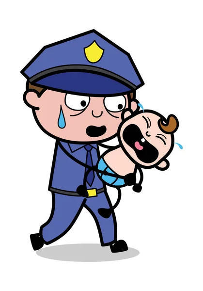 Running with Crying Baby - Retro Cop Policeman Vector Illustrati — Stock Vector