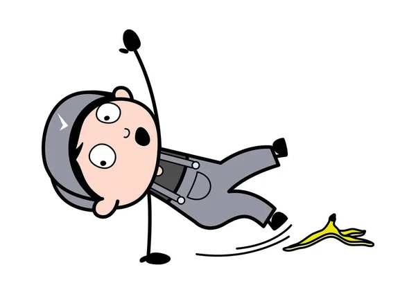 Deslizado por Banana Peel - Retro Reparador Cartoon Worker Vector I — Vetor de Stock