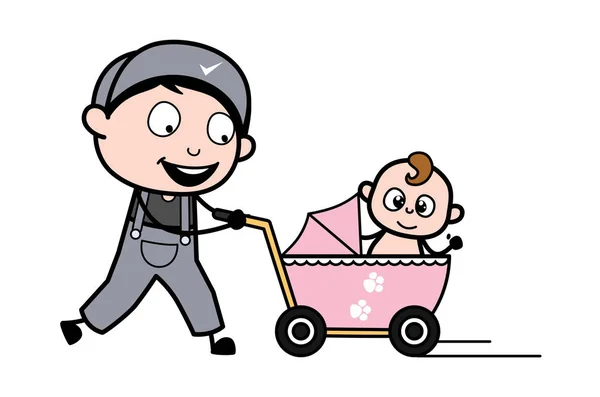 步行与婴儿在普拉姆 - 复古修复者卡通工人Vecto — 图库矢量图片