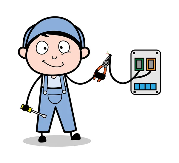 Elektricien-retro Reparman cartoon werknemer vector illustratie — Stockvector