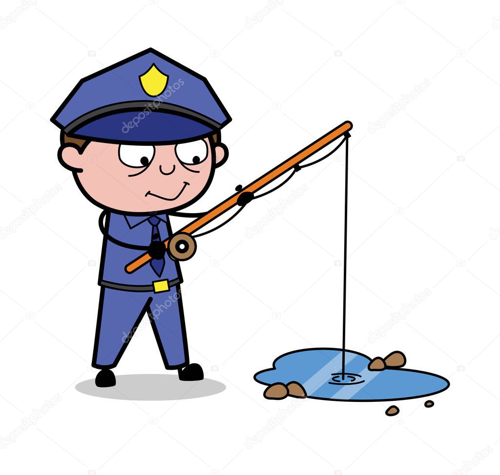Fishing with Fishing Rod - Retro Cop Policeman Vector Illustrati