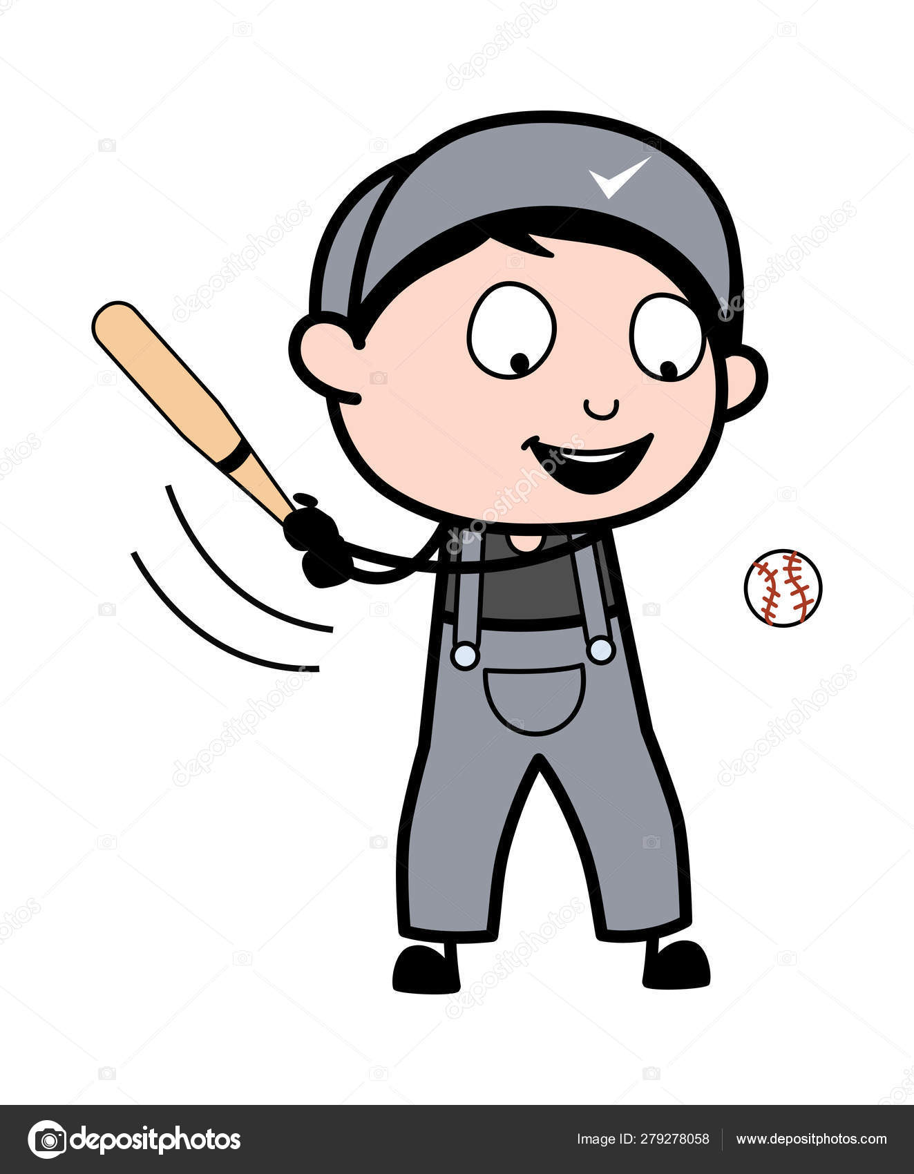 野球バットを再生 - レトロな修理工漫画労働者ベクトル病気 ストックベクター ©lineartist 279278058, image size:1323x1700