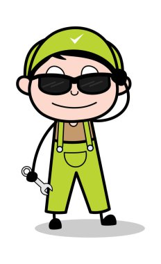 Güneş Gözlüğü ile Modern Teknisyen - Retro Tamirci Karikatür İş