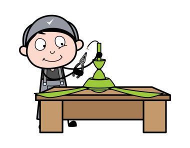 Tavan Fanı Tamiri - Retro Tamirci Karikatür İşçiSi Vektörü 