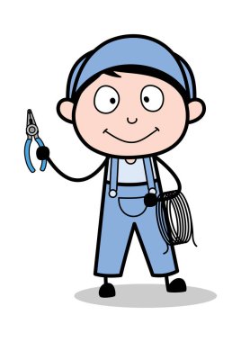 Elektrikçi Holding bir Plier ve Bir Tel Rulo - Retro Tamirci Ca