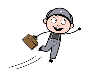 Evrak Çantası ile Uçan - Retro Tamirci Karikatür İşçi Vektör Il