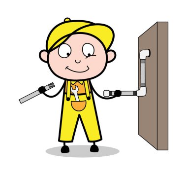 Tesisatçı Bir Boru Fiting - Retro Tamirci Karikatür İşçi Vektör Il