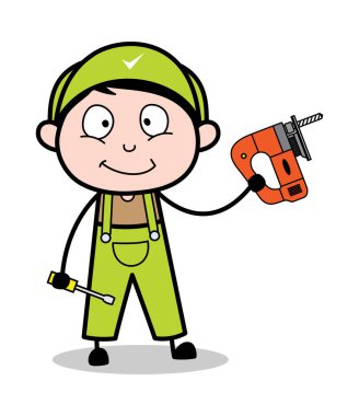Bir Matkap Makinesi Holding - Retro Tamirci Karikatür İşçi Vektör 