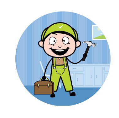 Araçları ile Mutlu Tesisatçı - Retro Tamirci Karikatür İşçi Vektör