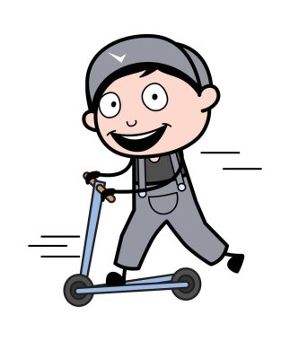 Scooter ile oynamak - Retro Tamirci Karikatür İşçi Silik