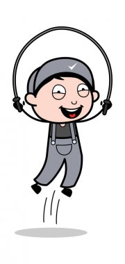 Atlama İpi Oynamak - Retro Tamirci Karikatür İşçiSi Vektör Il