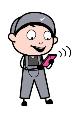 Telefonda Sohbet - Retro Tamirci Karikatür İşçi Silust