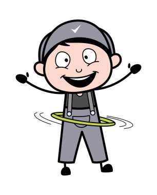 Hula Hoop ile oynamak - Retro Tamirci Karikatür İşçi Svektör I