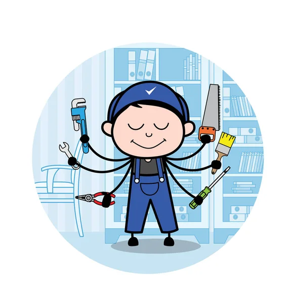 Presenting Tools Options - Retro Repairman Cartoon Worker Vector — Stock Vector