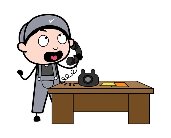 Rozmowa na telefon-retro repairman Cartoon Worker Vector Illustr — Wektor stockowy