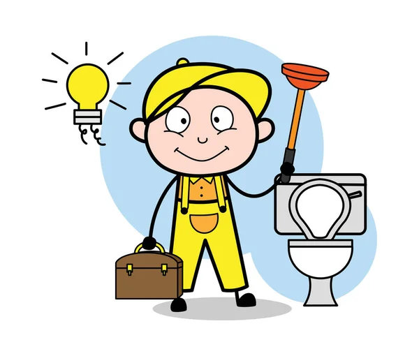 Plumber with Tools for Cleaning Commode - Retro Repairman Cartoo — Stock Vector