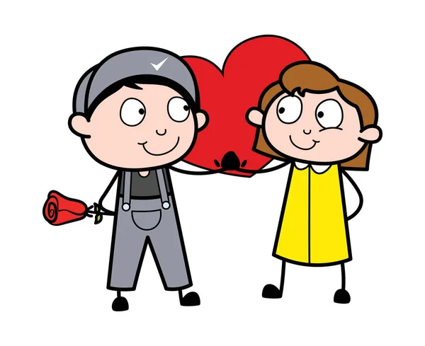 バレンタインデーを祝う恋人 - レトロな修理工漫画のワー — ストックベクタ