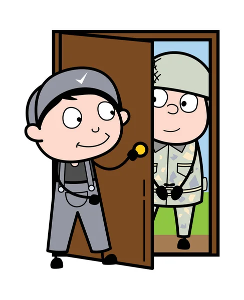 Accueillir un soldat à la maison - Réparateur Rétro Cartoon Worke — Image vectorielle