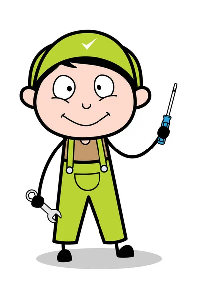 Holding Tools and Showing - Retro Repairman Kartun Pekerja Vecto - Stok Vektor