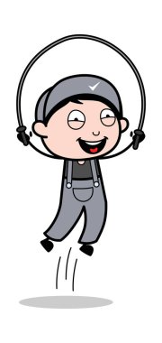 Atlama İpi Oynamak - Retro Tamirci Karikatür İşçiSi Vektör Il