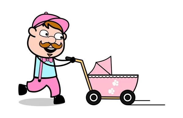 Berjalan dengan Pram - Retro Delivery Man Vendor Vector Illustrat - Stok Vektor