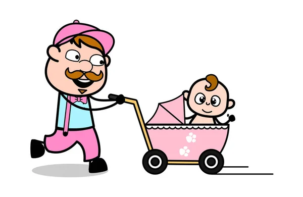 Correndo com o bebê em um Pram - Vetor de fornecedor de homem de entrega retro I — Vetor de Stock