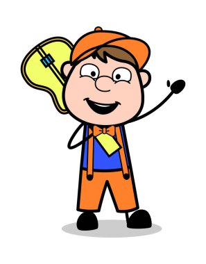 Bir Gitar Holding ve El Jesti ile Merhaba Söyleyerek - Retro Karikatür