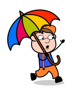 Şemsiye ile Çalışan - Retro Karikatür Marangoz İşçi Vektör Il