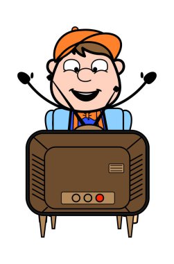 Tv İzle - Retro Karikatür Marangoz İşçi Vektör İllüstrasyon