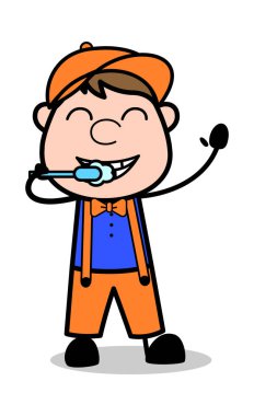 Diş Fırçalama - Retro Karikatür Marangoz İşçi vektör illustrat