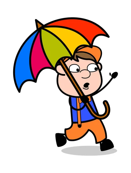 Running with Umbrella - Retro Cartoon Carpenter Worker Vector Il — Stock Vector