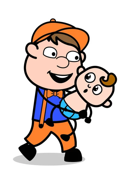 Playing with Baby - Retro Cartoon Carpenter Worker Vector Illust — Stock Vector