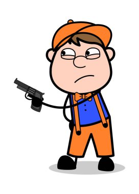 Silahla İşaret - Retro Karikatür Marangoz İşçisi Vektör Illust